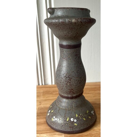 Vintage Ceramic Crackle Glaze Candlestick Holder With Delicate Floral Accent - Picture 1 of 7